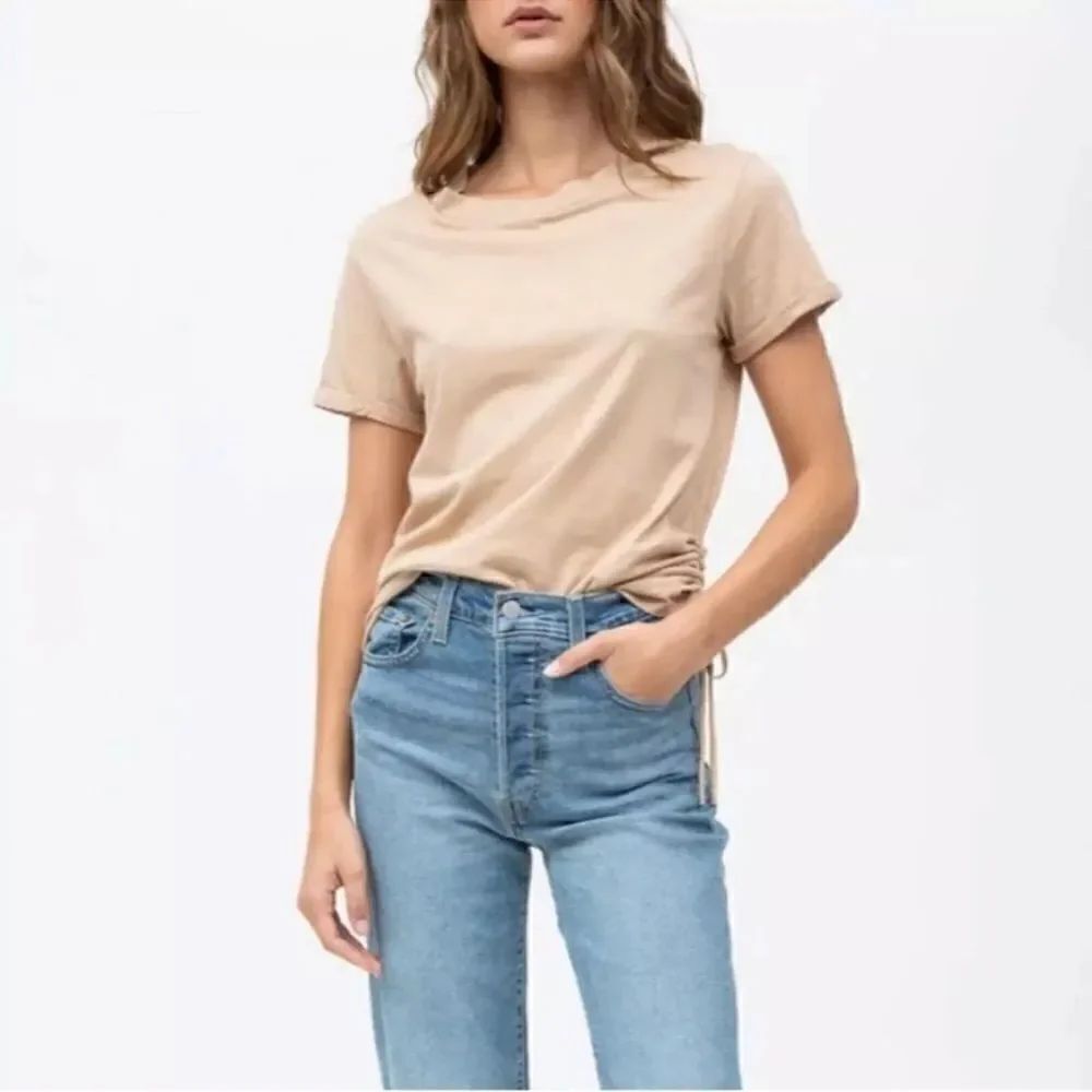 n:Philanthropy Vancouver Short Sleeve Ruched Side Tan T-Shirt Neck CutOut XS NEW